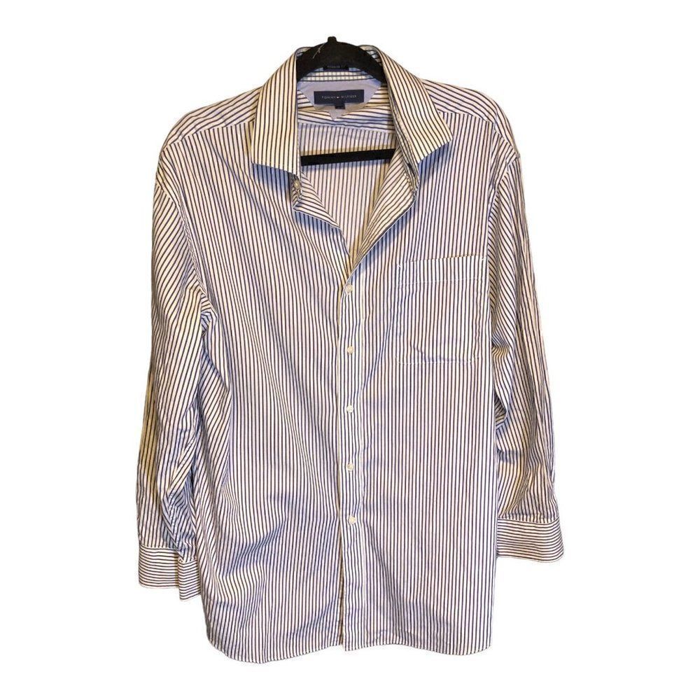 Men’s Tommy Hilfiger Blue & White Striped Dress Shirt L/S Button Down Size XL